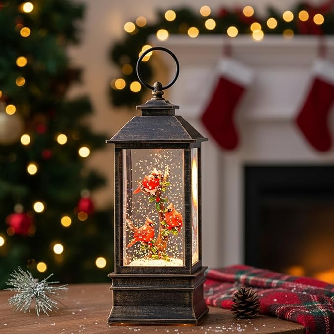 Christmas Snow Globe Lantern Water Glittering 10'' Cardinal with Music & Timer, USB Lined/Battery Operated Lighted Lantern for Christmas Festival Decoration Gifts