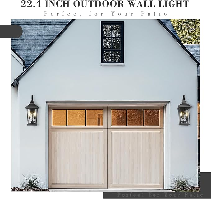 Emliviar 22.4" Large Outdoor Wall Light, Matte Black Exterior Lighting Fixtures with Water Glass Shade, Outside Wall Lantern with E12 Bulb Base, WE301BM-SD BK