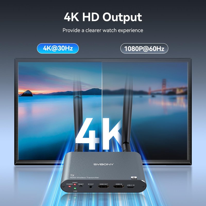 SVBONY TransAir2 Wireless HDMI Transmitter and Receiver 4K 30Hz, 5.8GHz, 1TX to 4 RXS, 1000 FT, HDMI Loop-Out, IR Extend, 0.06s Latency, 9 Channels, from PC, Laptop, STB to TV, Projector, Monitor