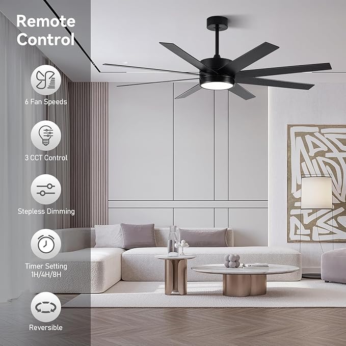 Ceiling Fan with Light, 60 inch Modern Ceiling Fan with Remote Control, Reversible DC Motor, Stepless Dimmable, Noiseless for Indoor Use, Black & Brown