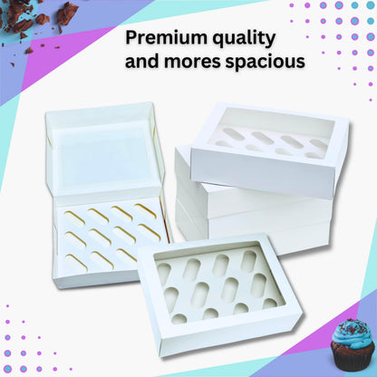 PACK N TRADE 10 Pcs cupcake boxes 12 hole - Multifunction Inserts Deep cake boxes for cupcakes – White cup cake boxes (33 x 24.2 x 7.5 cm) with Clear Window - Ideal for Muffins, Cupcakes & Pastries