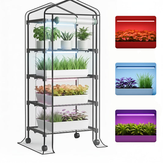 MKcreatorem Mini Indoor Greenhouse with Grow Light - Portable Outdoor for Plants Green House Cabinet with Wheels, Tent Cover, 4 LED Lights with Dimmable 3 Color 36W, 4 Tier Gardening Shelves