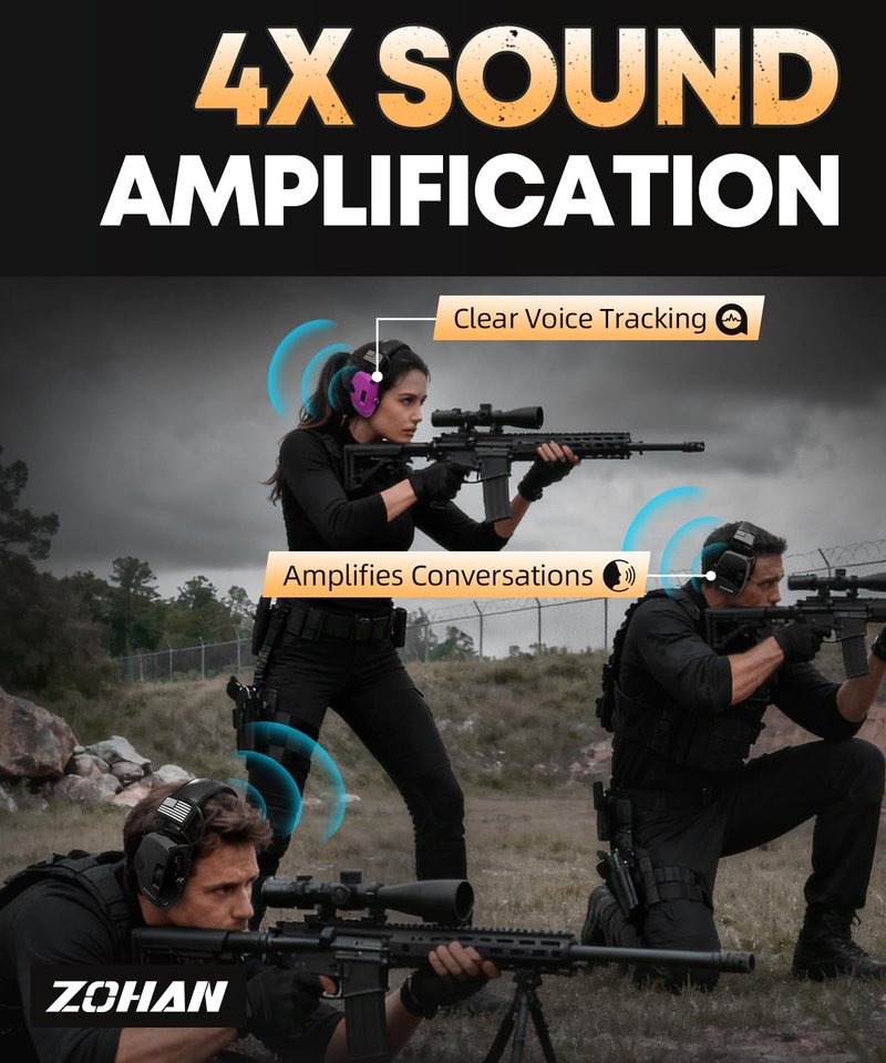 ZOHAN Safety Ear Protection with Gel Ear Pads, 4X Sound Amplification, Impact Hearing Protection 23dB NRR for Hunting, Range Use(Gel-Black+Purple)