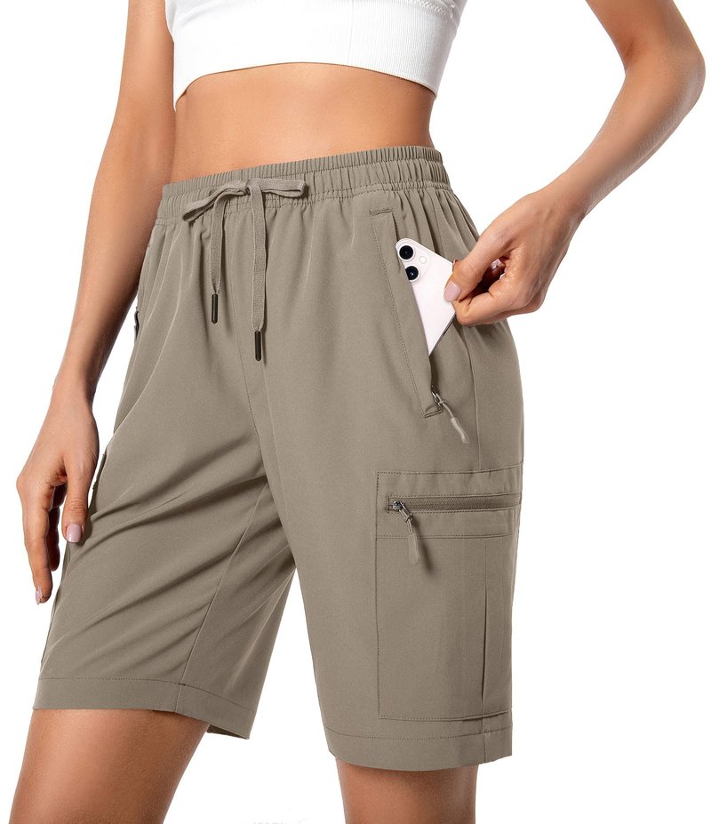 Hugut Women's Lightweight Hiking Cargo Shorts Quick Dry Athletic Shorts Camping Travel Golf Zipper Pockets Water Resistant Dark Khaki