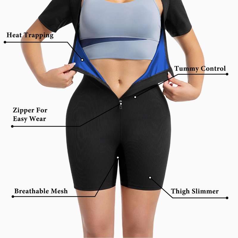 Meiosuns Sauna Suit for Women Ribbed Full Body Sweat Suits Weight Loss Jumpsuit Waist Trainer Shaper 4 in 1 Slimming Heat Trapping Sweat Shirt for Belly Fat Workout Gym Shapewear (Blue, L)