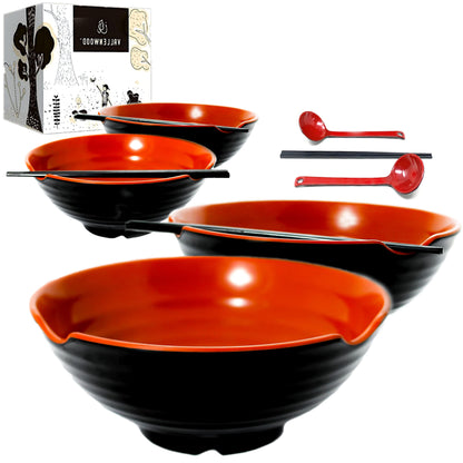 4 XL Ramen bowl set. 12 Pieces Pho Bowls. Asian Japanese soup. Utensil: Spoons and Chopsticks kit. Melamine, Large 52 oz. Noodles, Rice, Udon, Thai, Chinese, Korean, Udon, Wonton, Miso, 9 inch