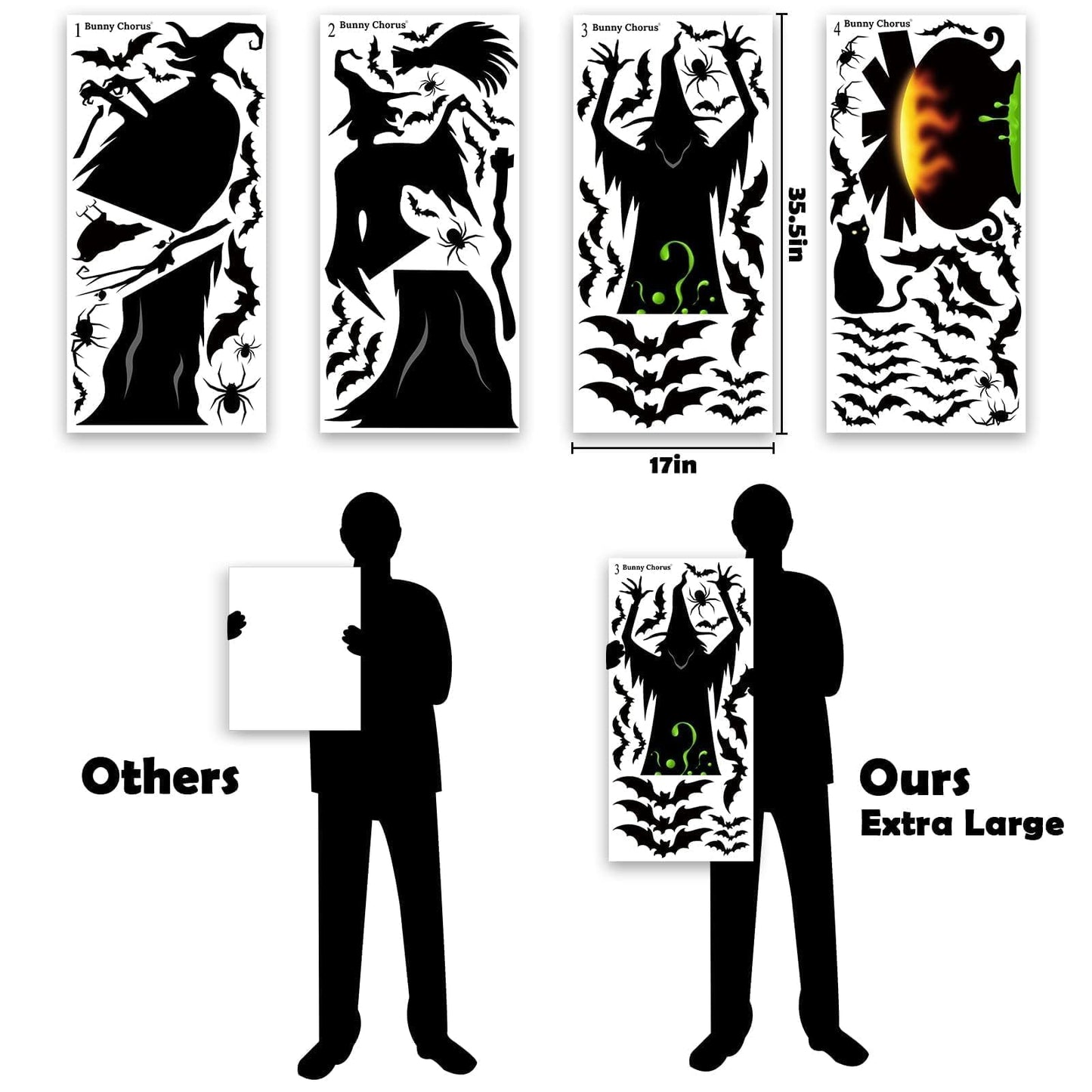 Bunny Chorus Halloween Decorations Window Clings Decor, Extra Large 3 Witches with Black Cat Bat Spider Cauldron Silhouette Halloween Window Stickers Indoor, School Home Office Party Supplies 4 Sheets