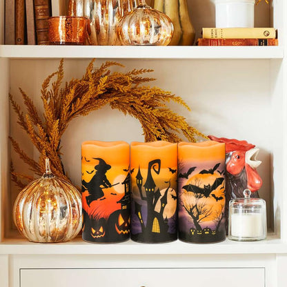 DRomance Halloween LED Flameless Pillar Candles Battery Operated with 6 Hour Timer Set of 3 Orange Wax Warm Light Flickering Witch Bats Castle Spooky Decals Halloween Decor Gifts(3 x 6 Inch)