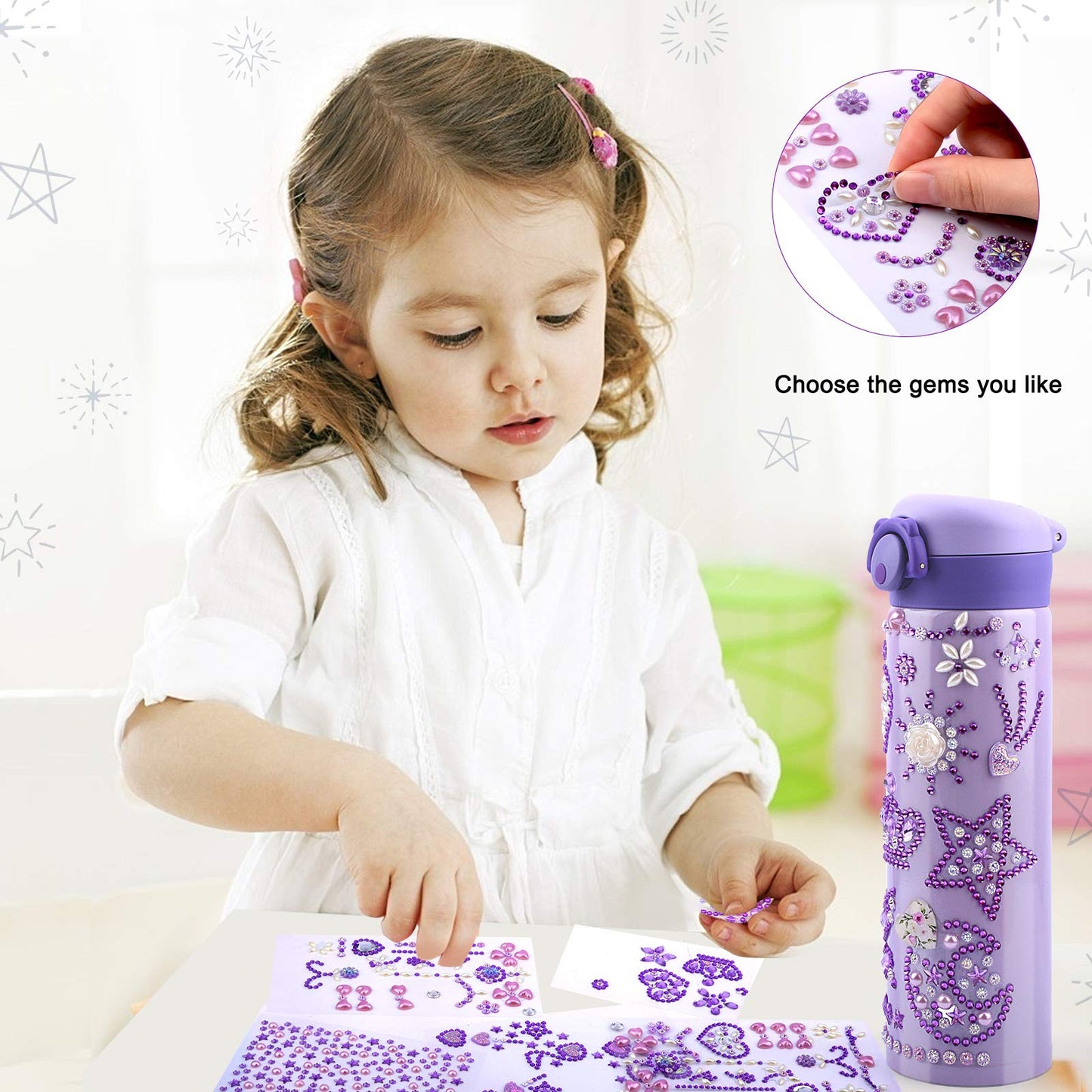 HULASO Christmas Gifts for Kids 7 Year Old Girls Decorate Your Own Water Bottles with Gem Stickers - DIY Birthday Gifts Arts and Crafts, BPA Free Stainless Steel Vacuum Insulated Mug (17 OZ)