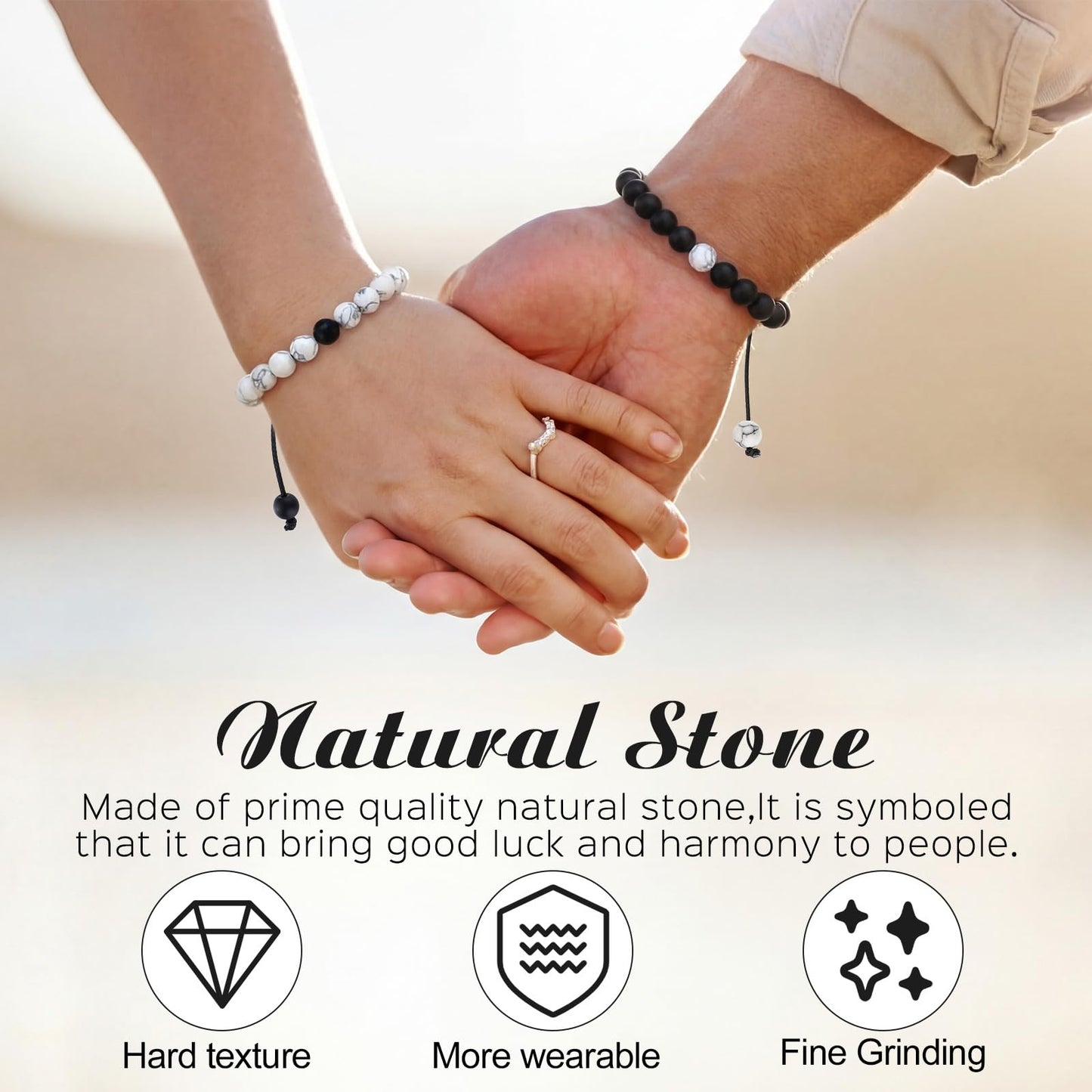 BBTO Couples Bracelets Long Distance Matching Bracelets 8mm Howlite Beads Black Matte Agate for Couples His and Her Gifts(Classic Style)
