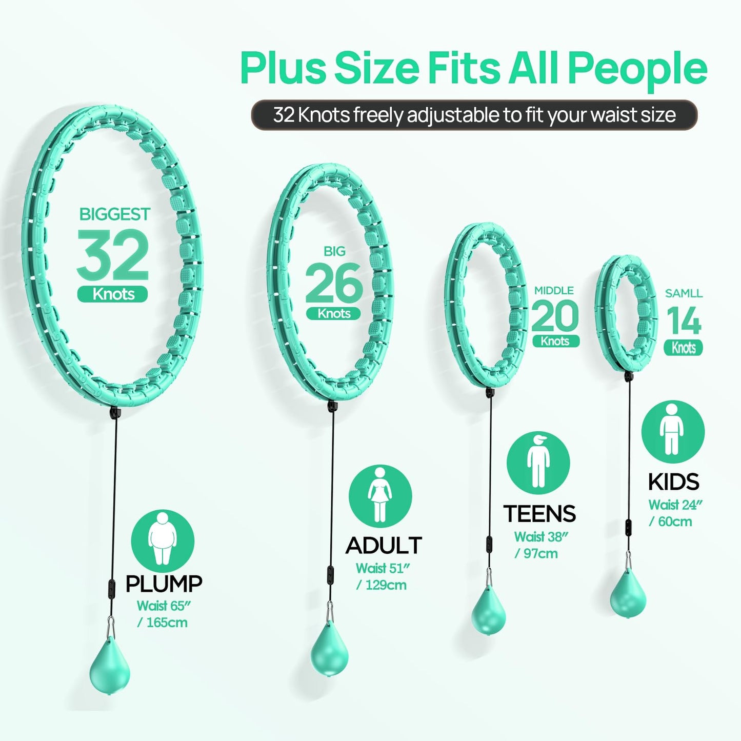 APzek 32 Knots Weighted Exercise Hoop Detachable & Adjustable for All People, No Falling Plus Size Smart Huula Hoop, 2 in 1 Abdomen Fitness Massage with Spinning Ball - Green