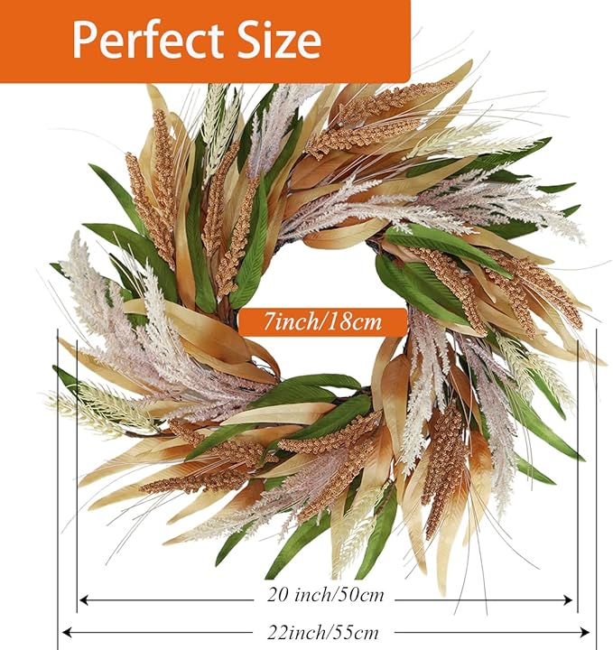 20" Fall Wreaths for Front Door with Green Brown Foliage Grain Ear Wheat and Pampas Grass – Boho Thanksgiving Harvest Wreath, Front Door Porch Decor.