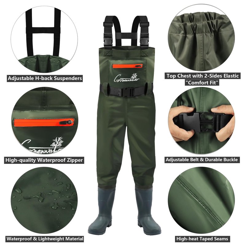 GREENWATER Kids Chest Waders Youth Fishing Waders with Boots Waterproof for Children Boys Girls Hanger & Bag Included (GREEN, 6-7Y)