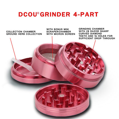 DCOU Premium Aluminium Herb Grinder 2.2 Inches 4 Piece Metal Grinder with Pollen Catcher with Laser Flower Pattern (Pink)