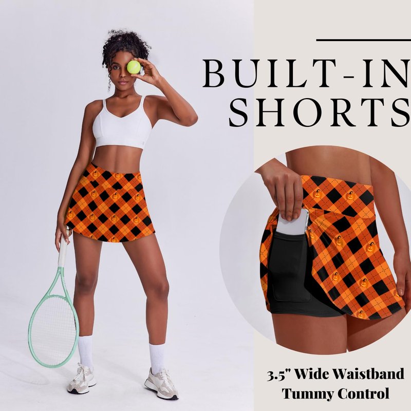 PINSPARK Athletic Skirt Skorts 14 Inch Tennis Skirts Tummy Control Golf Skirt with Pocket Yk2 Mini Skirt Activewar,Orange Print X-Small