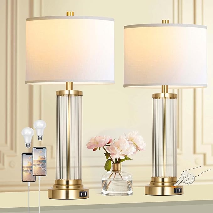 QiMH Touch Control Table Lamp Set of 2 with USB Ports, 3-Way Dimmable Nightstand Lamp with Fabric Cream Shade, Modern Bedside Lamp for Living Room Bedroom Reading, LED Bulbs Included
