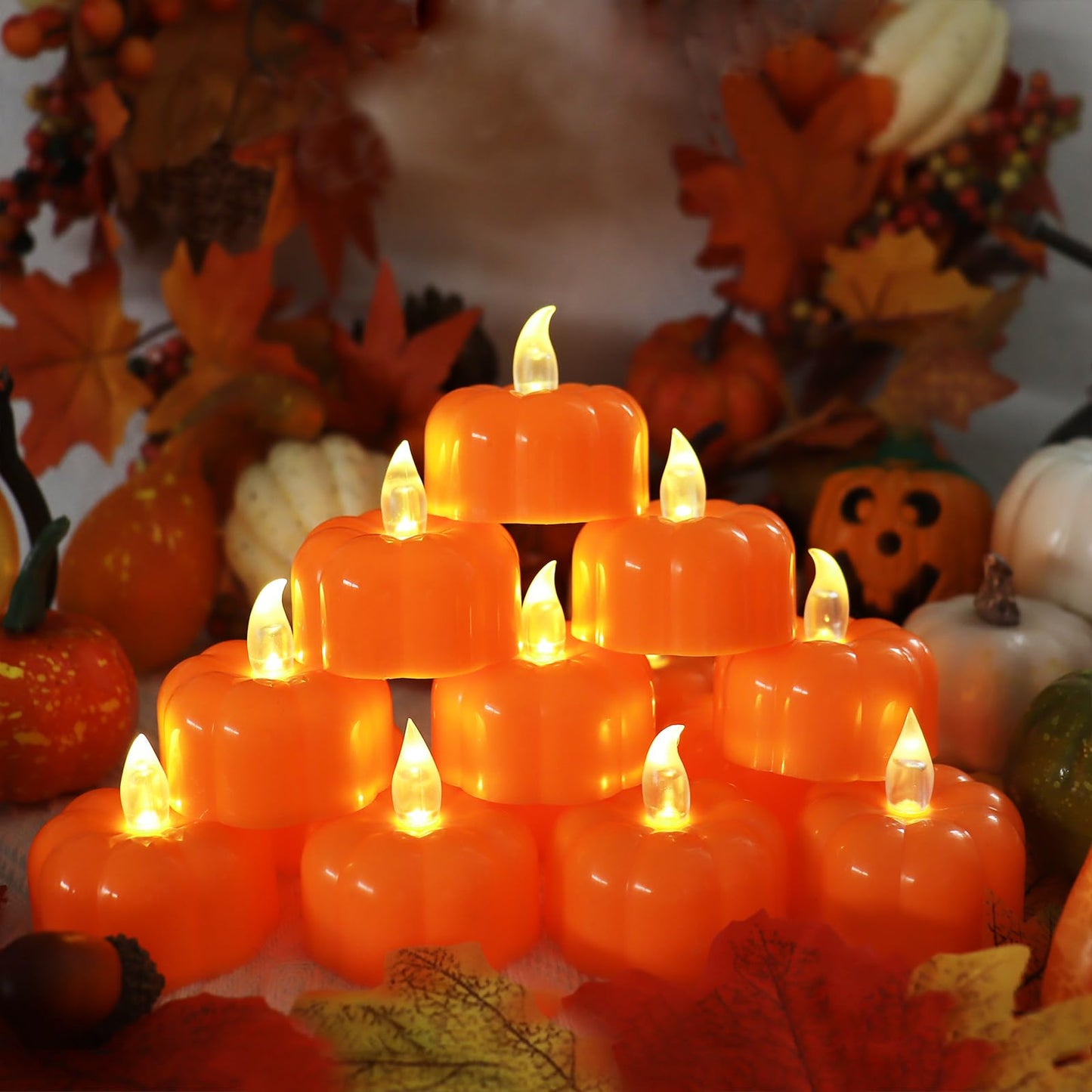 Fall Decorations for Home Pumpkin Tea Lights, 12 Pack LED Orange Pumpkin Lights Flameless Candles Battery Operated, Halloween Thanksgiving Flickering Tealight Candle for Home Table Indoor Party Decor