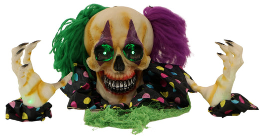 Haunted Hill Farm Scary Talking Groundbreaker Skeleton Clown Halloween Prop with Touch Activated Lights and Sounds, Battery Operated, Poseable Indoor or Covered Outdoor Halloween Decorations for Home