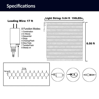 weillsnow 198 LED 9.8ft x 6.6ft Christmas Net Lights, Connectable 8 Lighting Twinkle Modes Mesh Lights for Christmas Outdoor Patio Garden Bush Fence Decorations (Warm White)