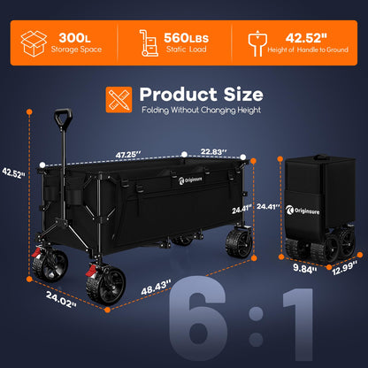 48" L Collapsible Wagon Cart Foldable, 560LB Weight Capacity 300L Heavy Duty Folding Beach Wagons with Big All-Terrain Wheels, Utility Carts for Groceries, Shopping, Camping, Sports - Black