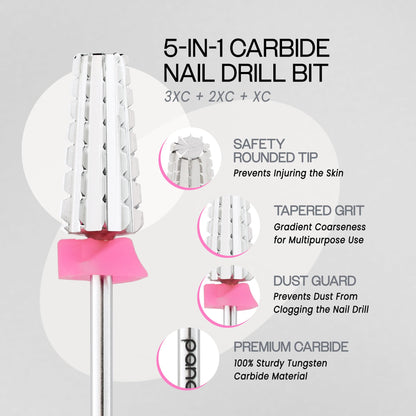 PANA Nail Carbide 5 in 1 Bit - Two Way Rotate use for Both Left and Right Handed - Fast Remove Acrylic or Hard Gel - 3/32" Shank - Manicure, Nail Art, Drill Machine (Fine - F, Silver)