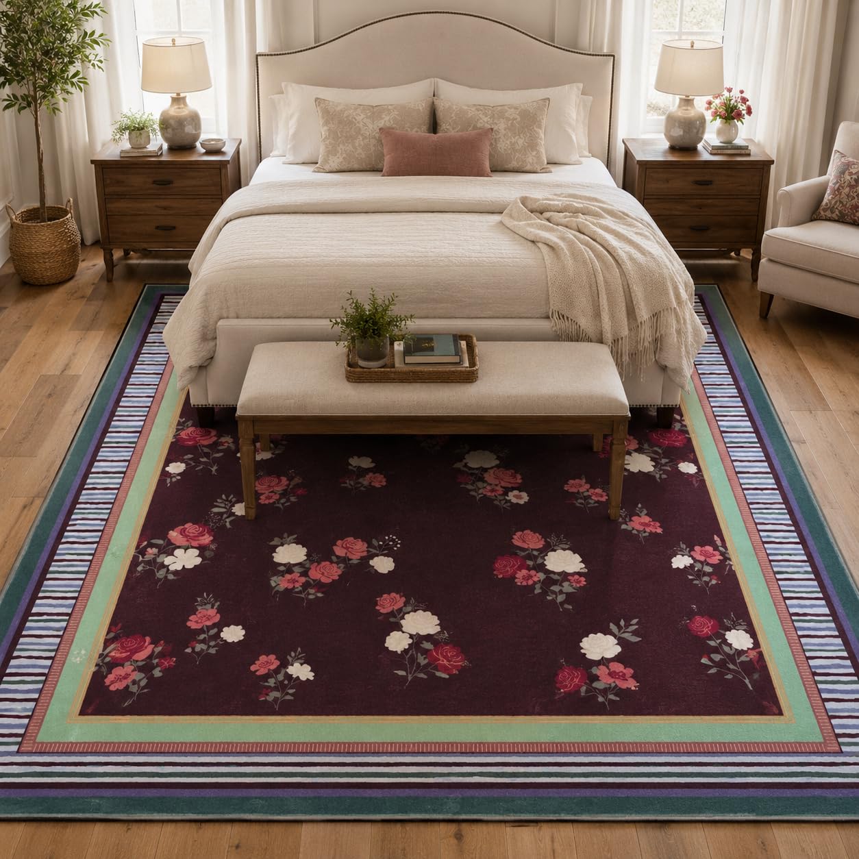 GarveeHome Brown 8x10 Area Rug, Vintage Floral Design, Machine Washable Rug Low Pile, Lightweight Non Slip, Soft Carpet for Living Room Bedroom Dining Room Nursery