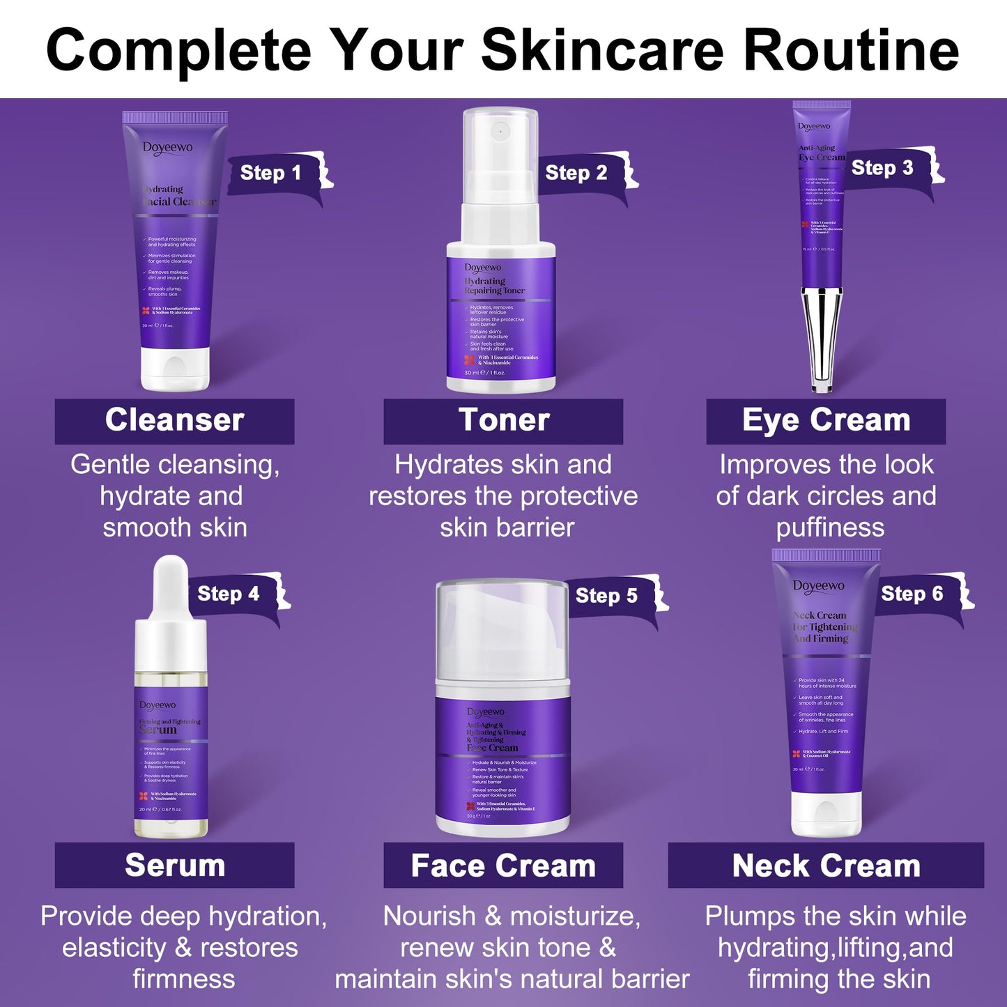 Skin Care Set,6Pcs Professional Womens Teens Tighten Lift Firm Skincare,Hydrate Anti-Aging Facial Routine Kit Travel Gift Set,Birthday Christmas Secret Santa Gifts for Women Teenage Girl Wife Mom