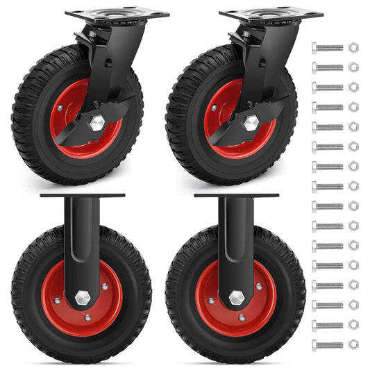 Nefish 8 Inch Heavy Duty Outdoor Casters 2200 LBS, Durable Large Casters Wheels Set of 4, Industrial Grade Rubber Castors with Knobby Tread for Trolley, Industrial and Chicken Coop (2 Brake & 2 Rigid)