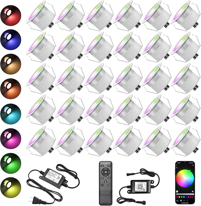 Smart LED Deck Light Kits - 30 Pack of 1.22" Low Voltage Recessed RGB Deck Lights IP67 Waterproof for Outdoor Landscape Lighting on Steps, Floors, Yard & Pathways, Work with Alexa & Google Assistant