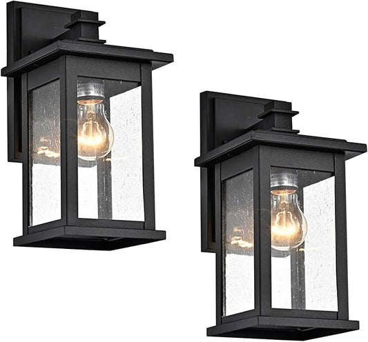 MICSIU 2 Pack Outdoor Wall Sconce, 12 Inch Black Exterior Light Fixtures with Clear Seedy Glass, Metal Outside Lights for House, Porch, Garage.