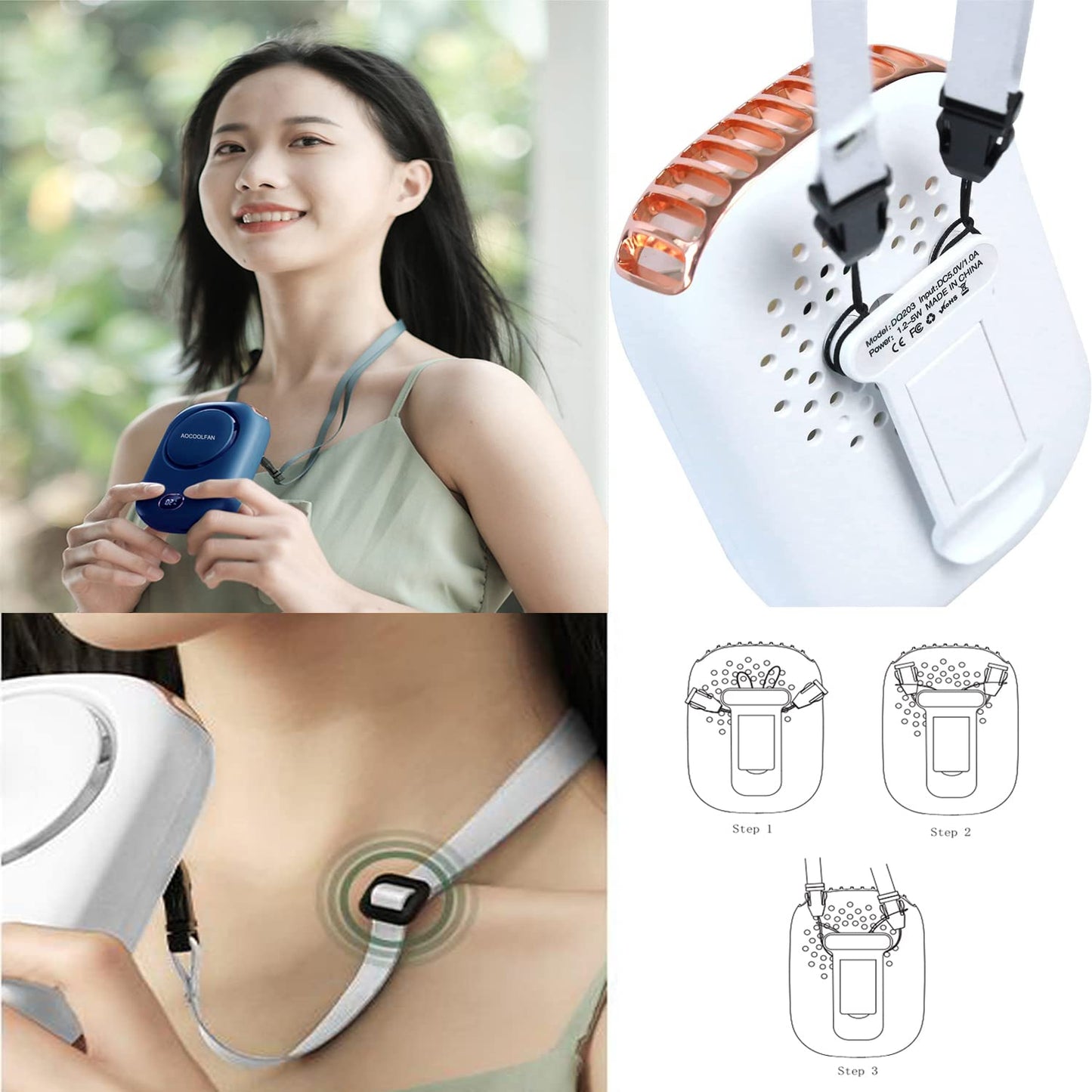 AOCOOLFAN Portable Neck Fan, Mini Small Personal Handheld Fan USB Rechargeable 3 Speed for Girls Boys Woman Eyelash Travel Home Office Outdoor (navy blue)