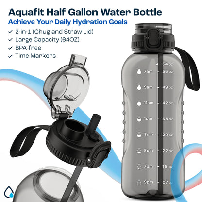 AQUAFIT 64 oz Water Bottle with Time Marker - 2in1 Straw & Chug Lid - BPA Free Big Water Bottle with Straw - Gym Water Bottle with Strap - Water Jug (64 Ounces, Gray)