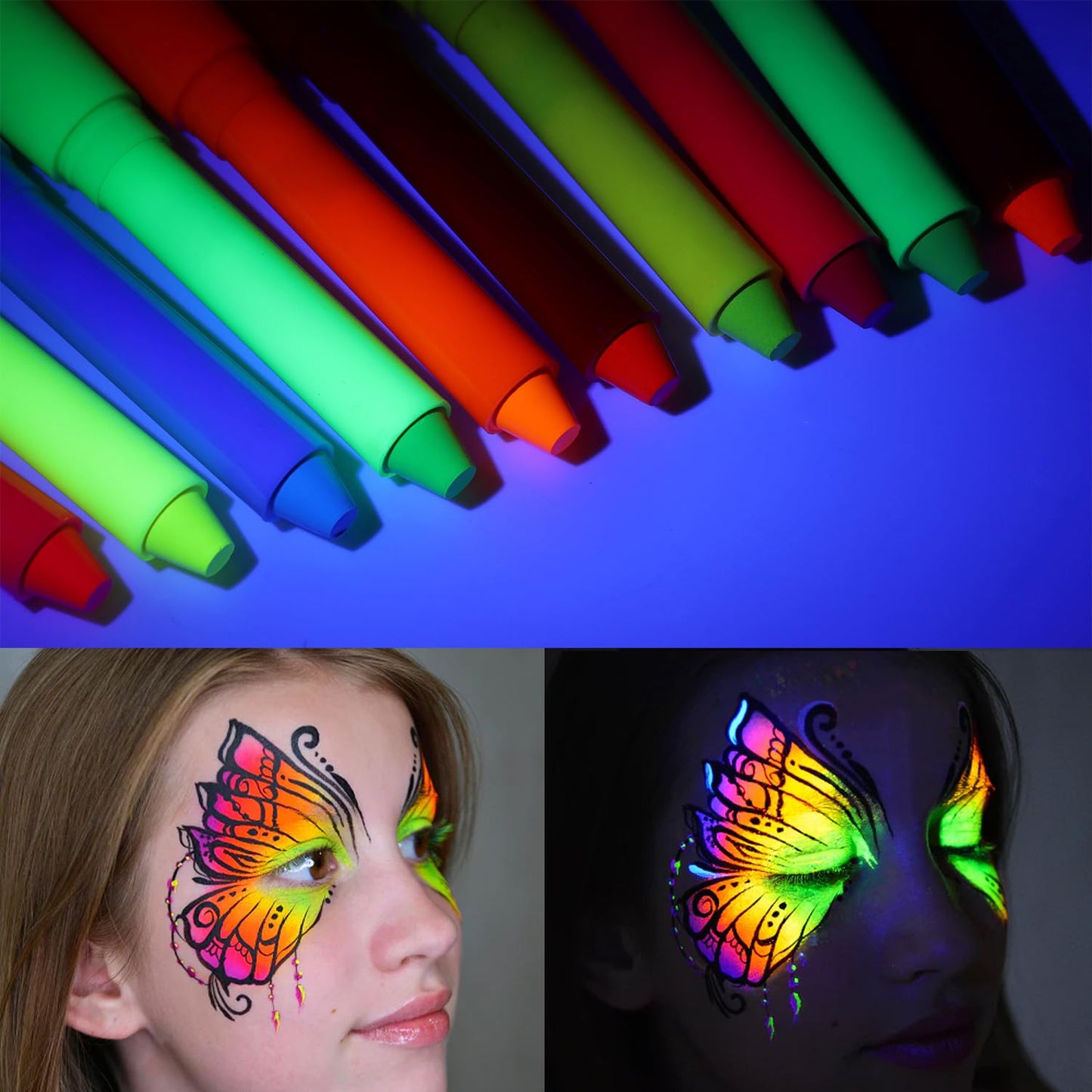ONMAY UV Neon Face & Body Paint Stick -10 Glow-in-the-Dark Colors for Halloween, Parties, Raves-Safe Non-Toxic UV Reactive Makeup for Skin, Cosplay & Festivals