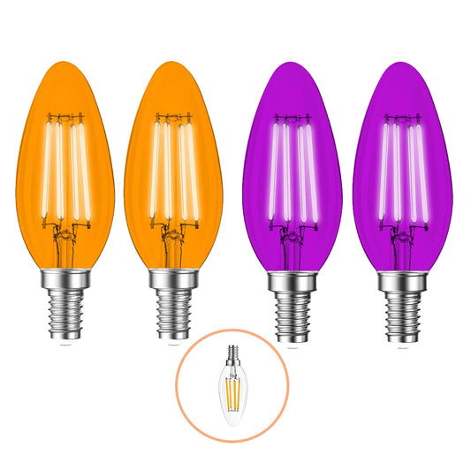 4 Pack Filament E12 Candelabra LED Halloween Light Bulbs - 4W 40 Watt Equivalent E12 Candelabra Base - Vintage LED Decor Purple Orange Light Bulbs Party Decoration, Porch, Halloween Lights