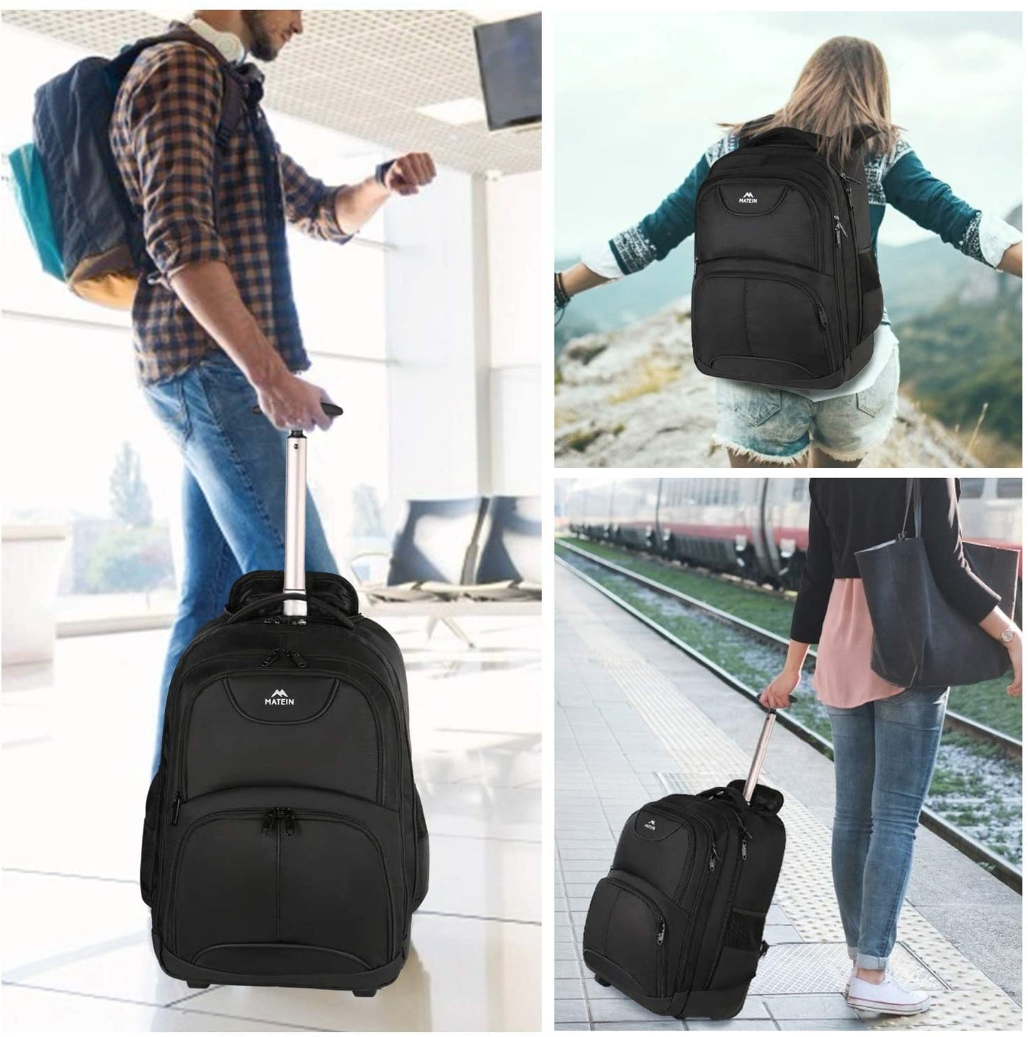 MATEIN Travel Backpack with Wheels, Rucksack with Wheels Cabin Size Wheeled Backpack 17inch Laptop Trolley Business Cabin Bag Carry On Suitcase Hand Luggage School Backpack for Women, Men, Uni, Black