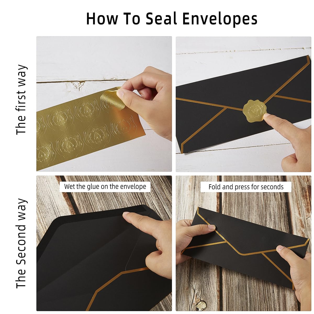 30 Pack Thick #10 Business Envelopes with Gold Border, 4 1/8 x 9 1/2 Thick Paper Standard Envelopes with Stickers for Office, Checks, Letter Mailing, Invoices (Black)