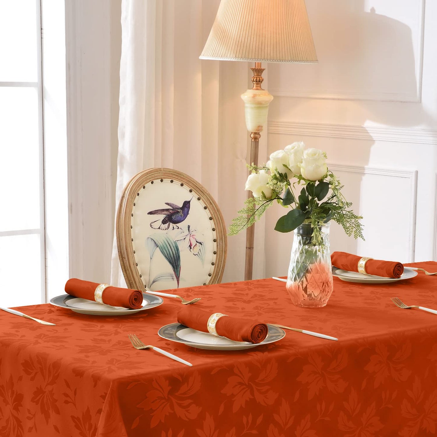 Romanstile Fall Jacquard Rectangle Tablecloth - Thanksgiving Waterproof Table Cloths Autumn Heavy Weight Fabric Table Covers for Dinner/Parties/Holiday - 52 x 70 Inch, Burnt Orange