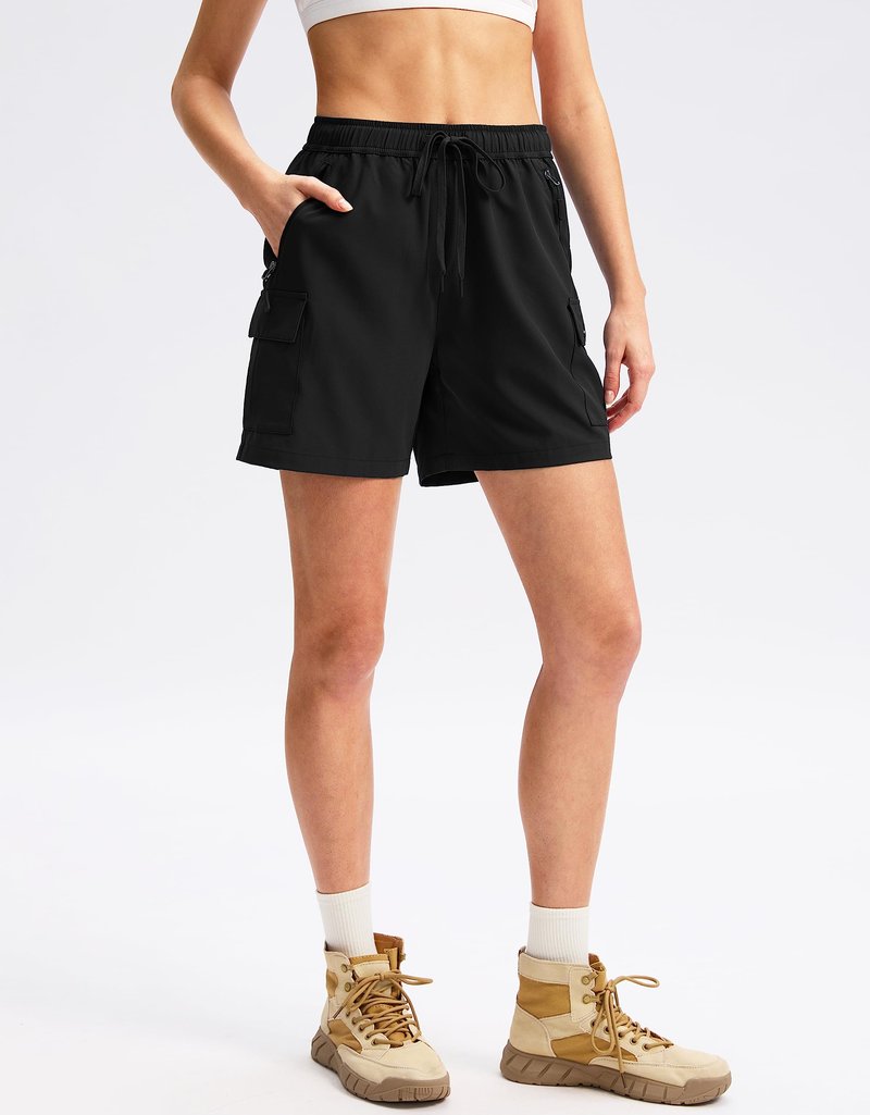 SANTINY Women's 5''/ 7''/9'' Hiking Cargo Shorts Quick Dry Lightweight Summer Shorts for Women Athletic Golf Zipper Pockets(Black_XS)