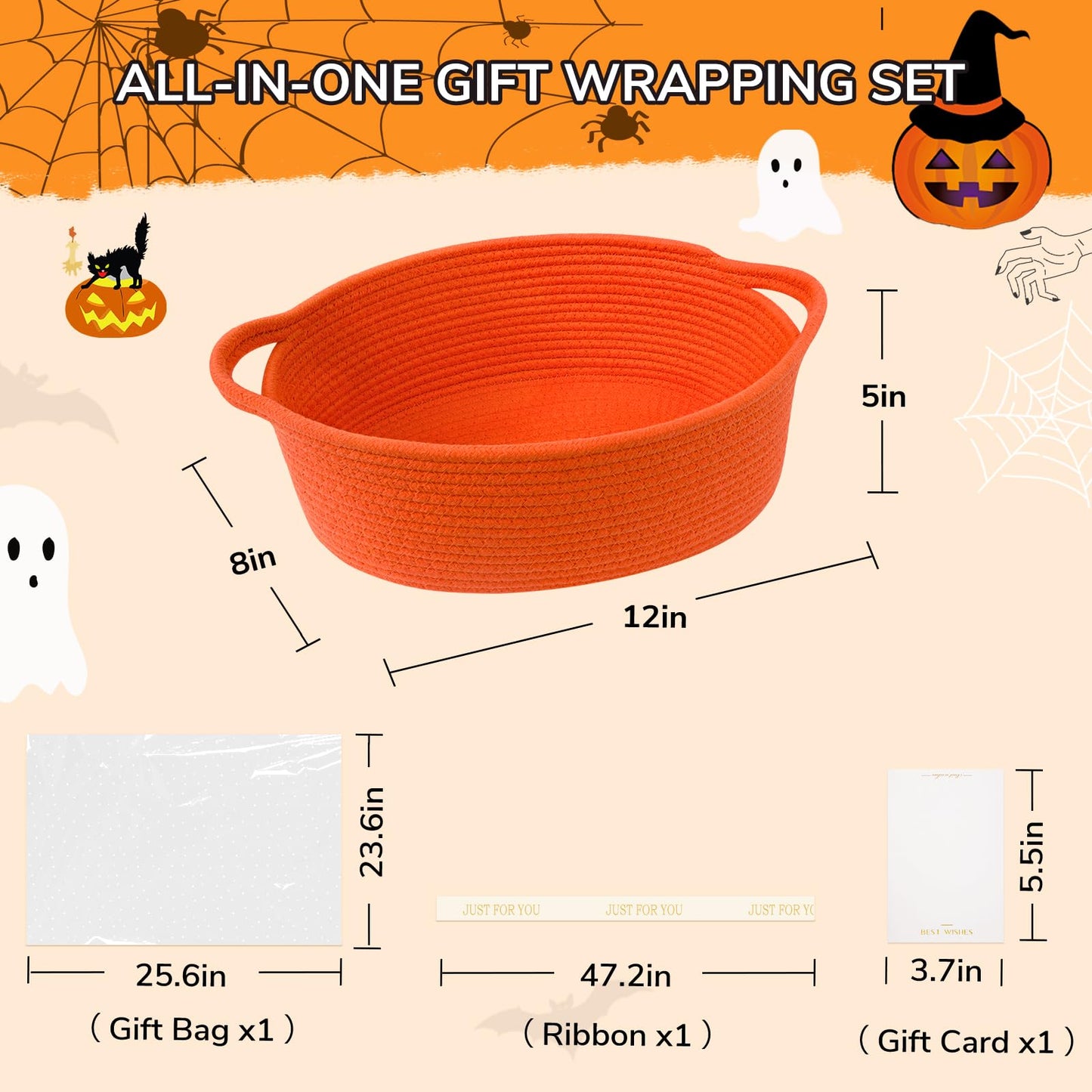 CHICVITA Halloween Basket for Gifts, Boo Basket for Gift Empty, Rope Decorative Baskets with Gift Bags & Ribbon for Baby Girl, 12"x 8"x 5"
