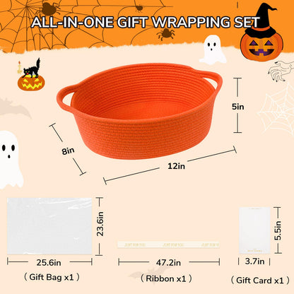 CHICVITA Halloween Basket for Gifts, Boo Basket for Gift Empty, Rope Decorative Baskets with Gift Bags & Ribbon for Baby Girl, 12"x 8"x 5"