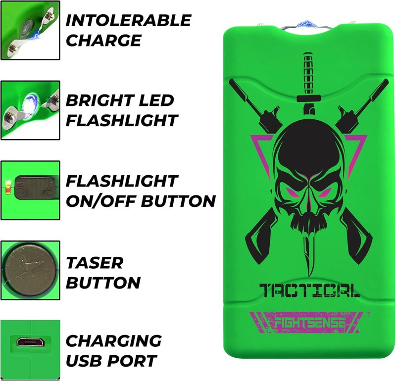 Super Heavy Duty 35 Billion Mini Stun Gun for Self Defense with Bright Led Flashlight, Rechargeable Battery, Nylon Holsters with Belt Loop for Easy Cary (Green)