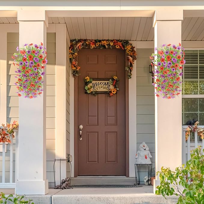 Artificial Fake Flowers Plants for Outdoor Spring Summer Decoration, 2PCS Faux Daisy Silk Flower Outside No Fade UV Resistant Realistic Home Decor for Porch Patio Balcony Window Box(Red Purple)