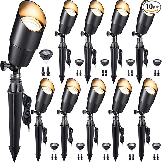 Gardenreet LED Low Voltage Spotlight - 12V AC/DC Black Outdoor Light Fixture, Brass Landscape Lights Hardwired, Weather Proof for Wall Wash Flag with Cool Light MR16 Removable Bulbs (10 Pack)