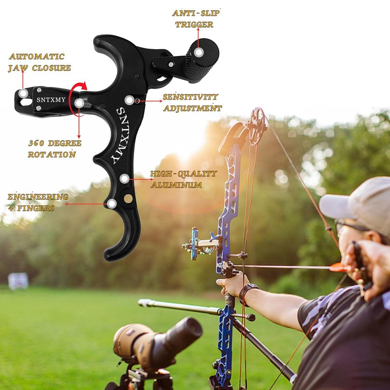 sntxmy Bow Release for Compound Bow 360° Rotatable Thumb Release for Compound Bow Archery Trigger Release (4 Fingers Blue)