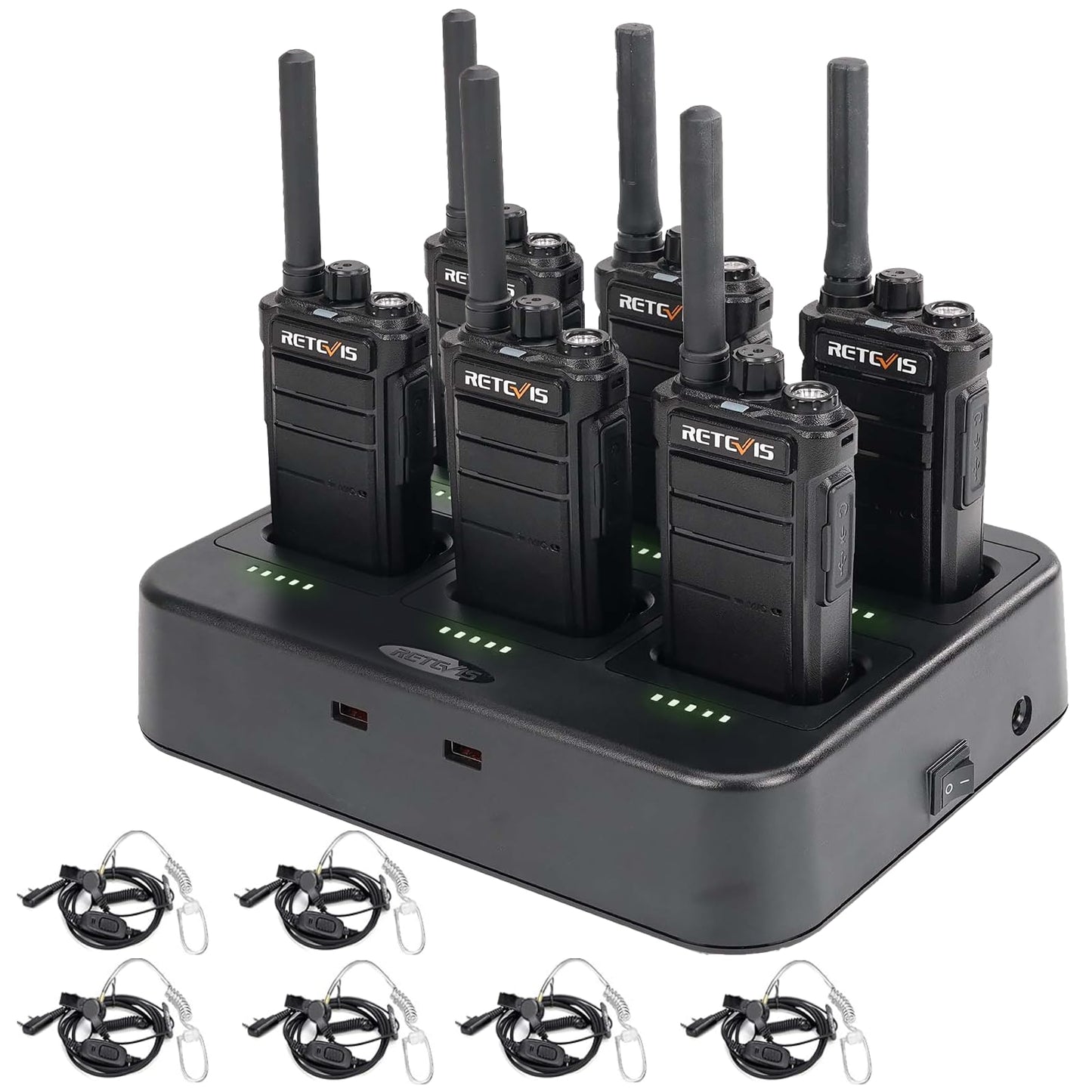 Retevis RB26 Two Way Radio Long Range with Earpiece, Rechargeable Walkie Talkies with 6 Way Charger, 21-Hours, USB-C, Flashlight, GMRS Repeater Capable, 2 Way Radio for Hotel Security Jobsite(6 Pack)