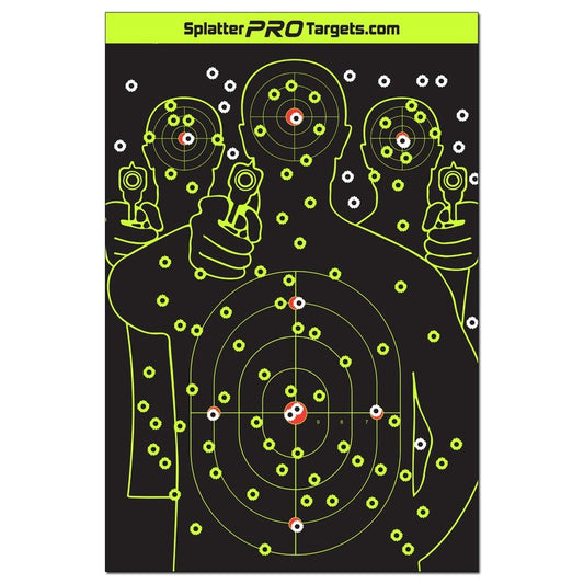 12x18 Splatter Targets. Fully Reactive Targets. See Your Hits and Your Misses! Shots Burst with a Bright Splatter Upon Impact. Instantly See Your Shots. Printed on a Heavy Duty Card Stock.