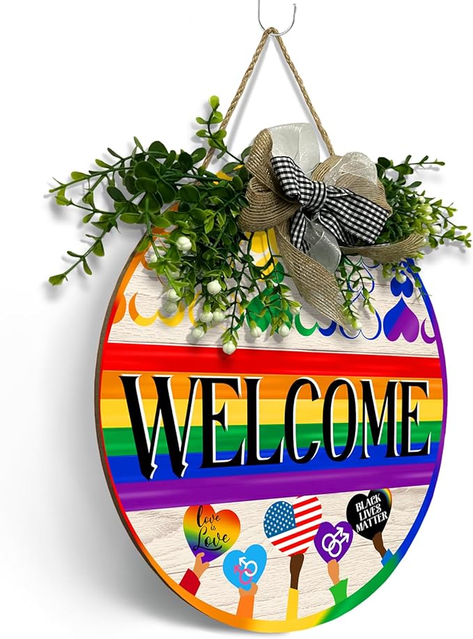Gay Pride Progress Pride Rainbow Door Sign Welcome LGBTQ Love Heart Round Wood Sign with Bow Wreath Lesbian Parade Day Pansexual Bisexual Transgender Hang Sign for Front Door Diversity 12 In
