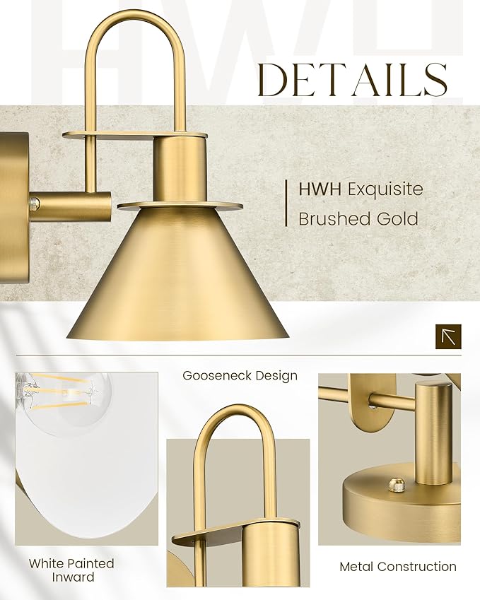 Gold Wall Sconces, HWH Indoor Wall Lights, Gooseneck Barn Wall Lamp, Brass Wall Sconce Light for Bedroom Living Room Kitchen, Gold Finish, 5HZG56B BG