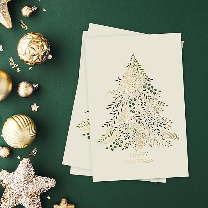 Masterpiece Gilded Greenery Christmas Card Set / 16 Boxed Winter Holiday Cards with Shiny Gold Foil and Coordinating Red Envelopes / 4" x 6" Folded Christmas Tree Greeting Cards with Inside Verse