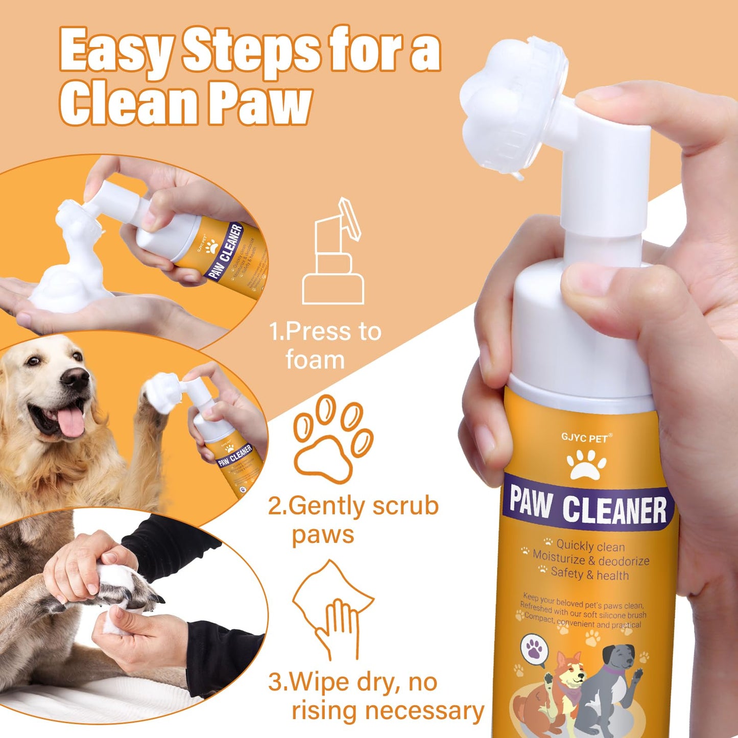GJYC PET Paw Cleaner for Dogs and Cats,Magic Foam - Clean Paws Rinse Free Foaming Cleanser-Dry Shampoo, Foot Cleaner Brush - with Rose Extract, Odor Control Wash - Good for Puppy